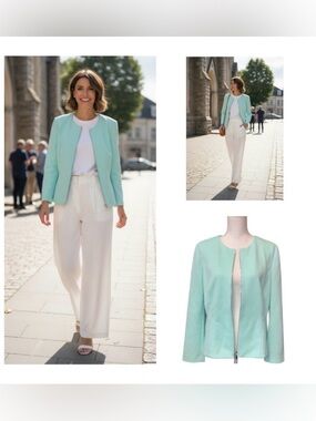 Tahari Jacket Mint Green Front Zip Knit Textured Fabric Pastel Sz 14